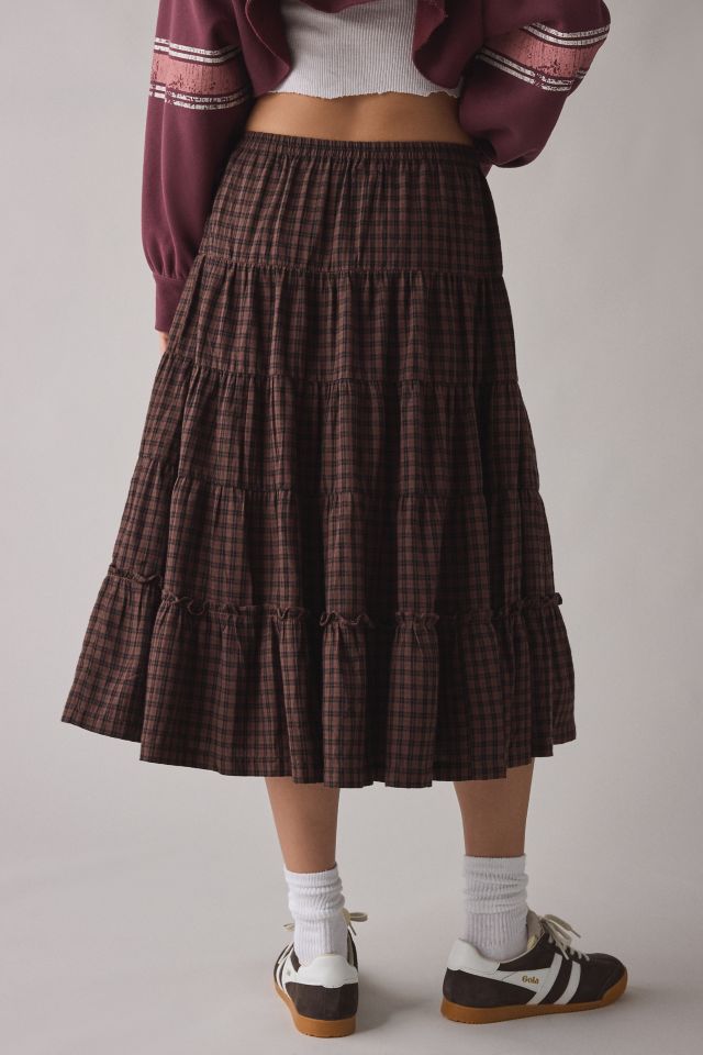 Kimchi Blue Betty Brown Plaid Tiered Midi Skirt