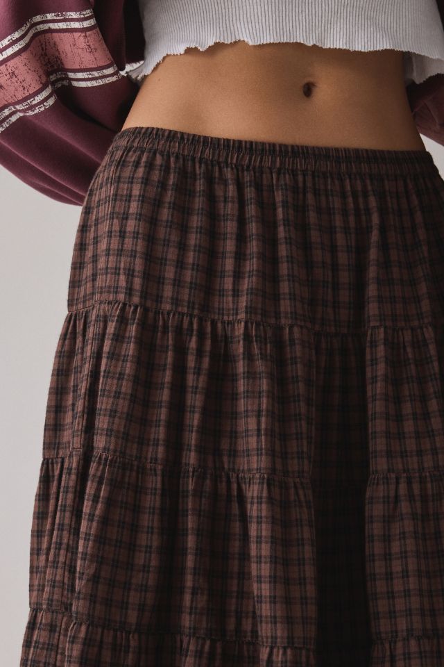 Kimchi Blue Betty Brown Plaid Tiered Midi Skirt