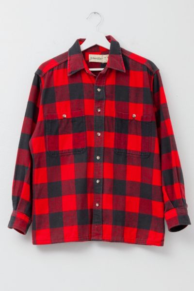 Vintage 1990s Distressed Red Black Plaid Cotton Flannel Shirt