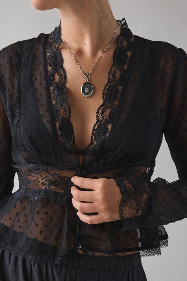 Kimchi Blue Dolly Sheer Swiss Dot Lace Trim Babydoll Blouse #1