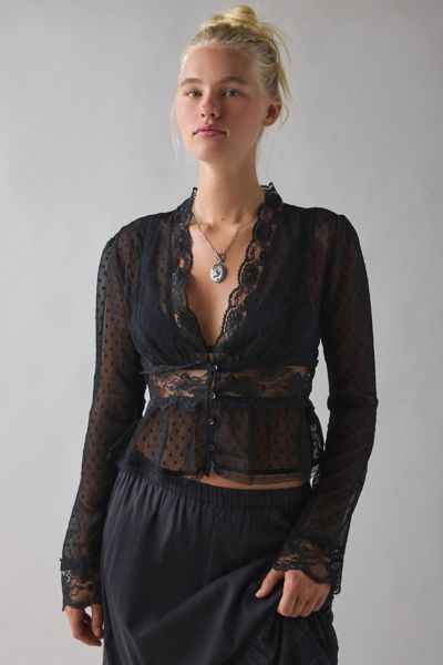 Kimchi Blue Dolly Sheer Swiss Dot Lace Trim Babydoll Blouse