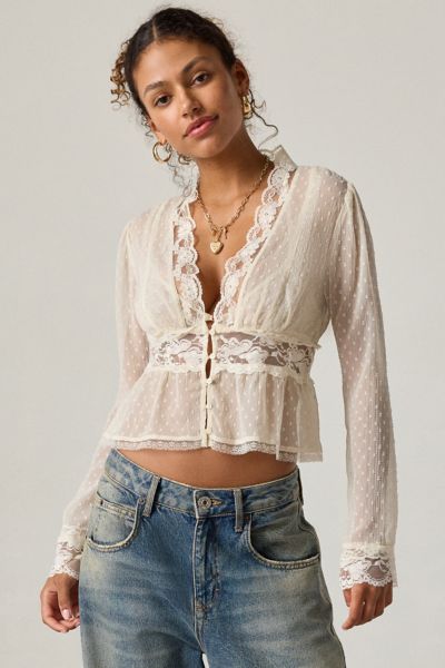 Kimchi Blue Dolly Sheer Swiss Dot Lace Trim Babydoll Blouse