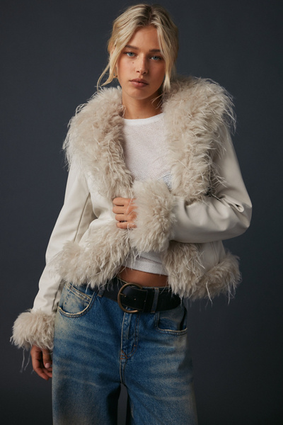 Kimchi Blue Tiffany Faux Leather + Faux Fur Trim Jacket In Ivory, Women's At Urban Outfitters In Gold