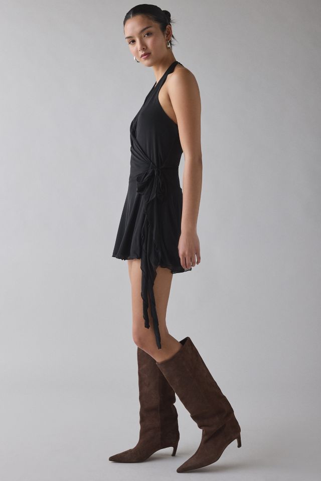 UO Fashionably Late Mesh Wrap Plunging Halter Mini Dress #1