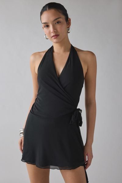 UO Fashionably Late Mesh Wrap Plunging Halter Mini Dress