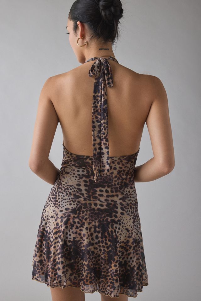 UO Fashionably Late Mesh Wrap Plunging Halter Mini Dress #3