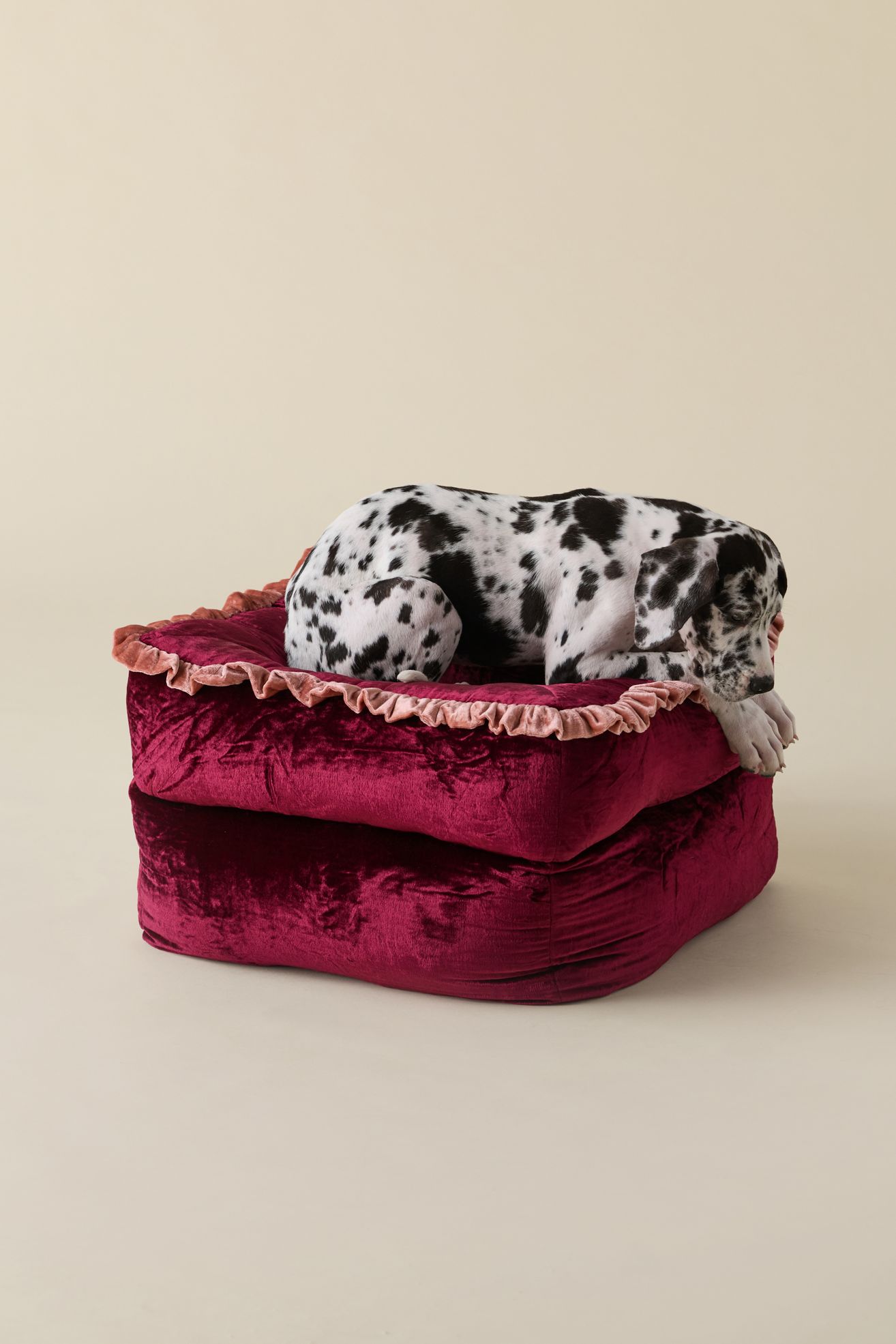 Ellis Ruffle Velvet Bean Bag Ottoman - Red Wine/Dusty Rose, ONE SIZE