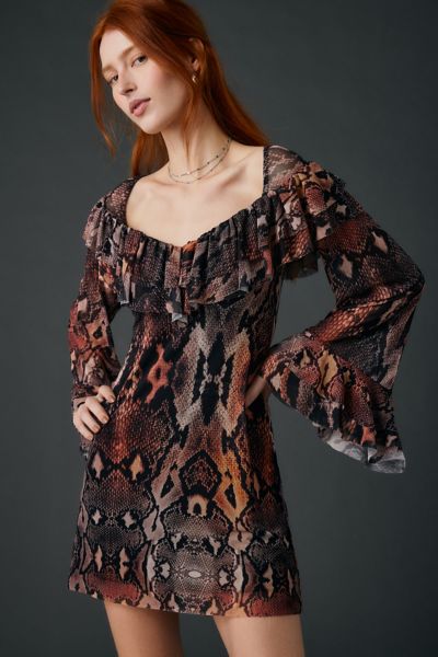 AFRM Harlem Scattered Snake Tiered Ruffle Bell Sleeve Mini Dress