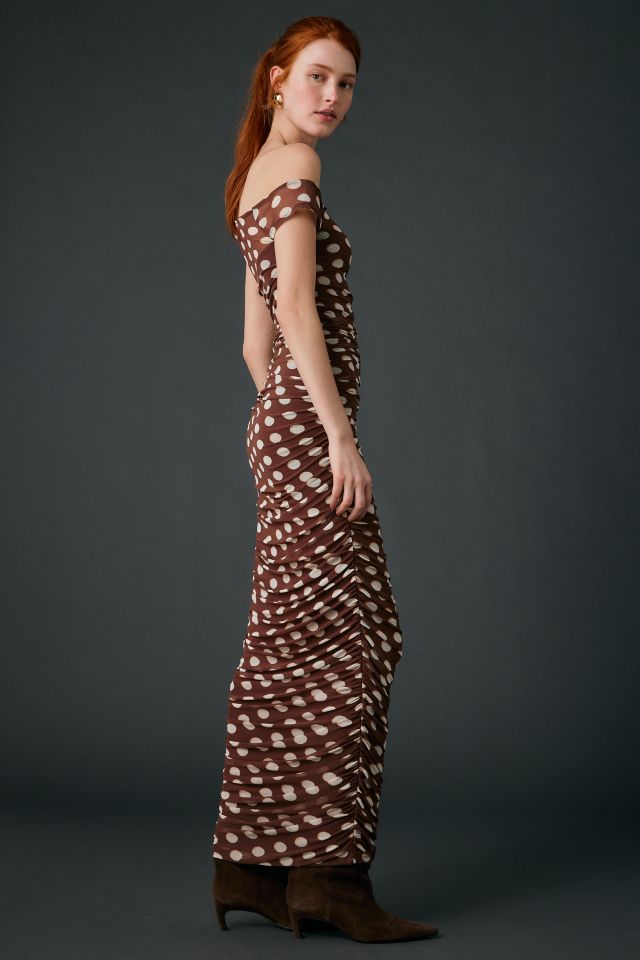 AFRM Biona Chocolate Halo Dot Ruched Mesh One-Shoulder Midi Dress #2