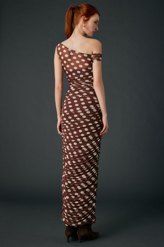 AFRM Biona Chocolate Halo Dot Ruched Mesh One-Shoulder Midi Dress #3
