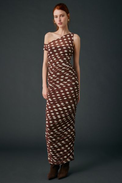 AFRM Biona Chocolate Halo Dot Ruched Mesh One-Shoulder Midi Dress