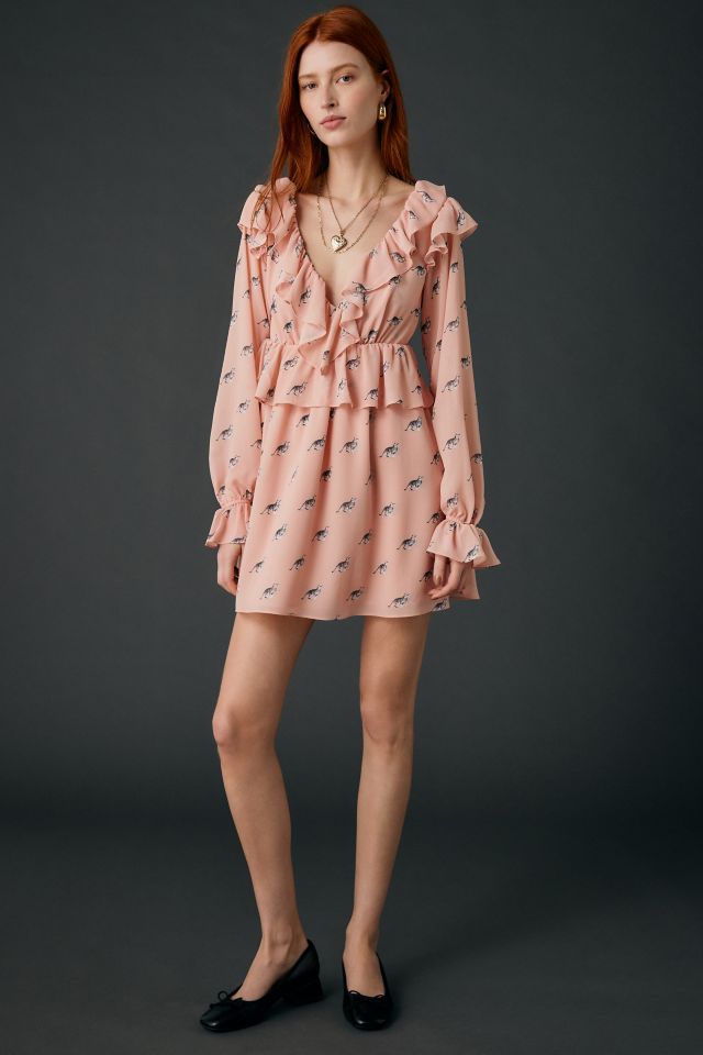 AFRM Arland Kitten Dot Ruffle Long Sleeve Babydoll Mini Dress #2
