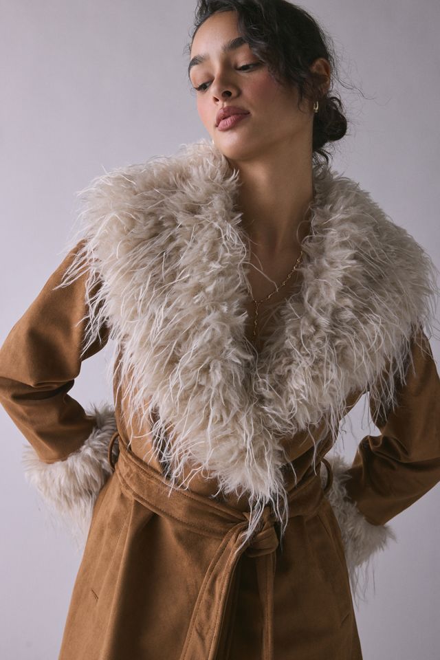 UO Natasha Penny Lane Faur Fur Trim Faux Suede Coat #1