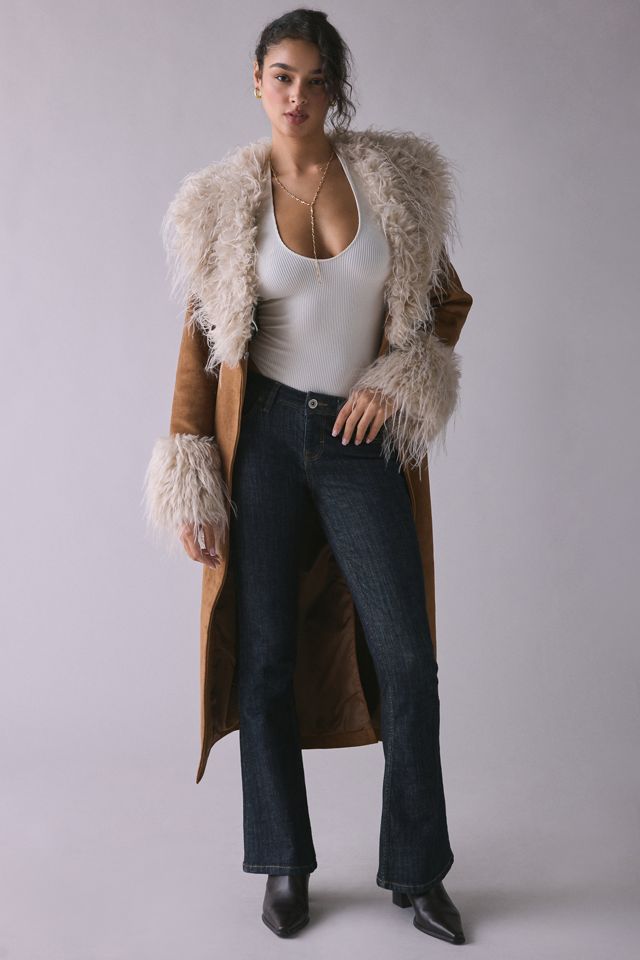 UO Natasha Penny Lane Faur Fur Trim Faux Suede Coat #2