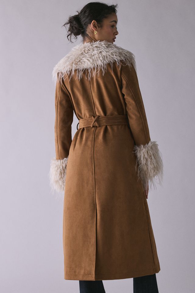 UO Natasha Penny Lane Faur Fur Trim Faux Suede Coat #3
