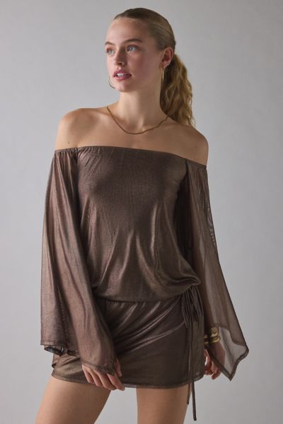 UO Bisou Metallic Mesh Bell Sleeve Off-The-Shoulder Mini Dress Product Page