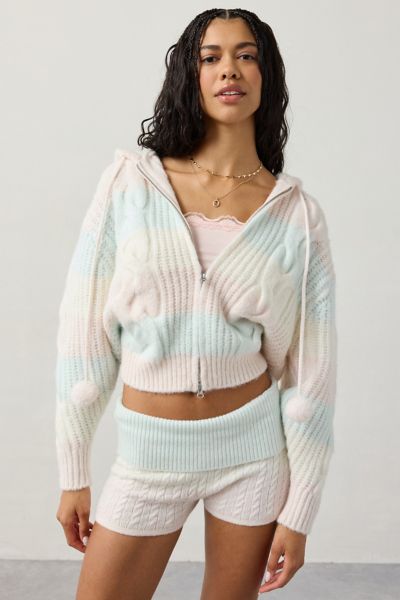 Out From Under Cabin Fever Cable Knit Full-zip Hoodie Sweater In Assorted, Women's At Urban Outfitters In Multi