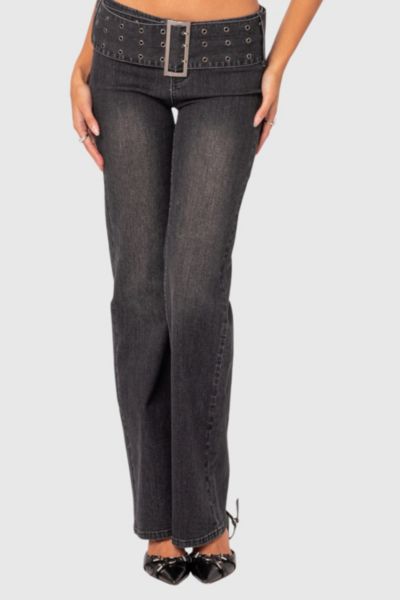 EDIKTED BUCKLE BELT WASHED FLARED JEANS IN BLACK/WASHED, WOMEN'S AT URBAN OUTFITTERS 