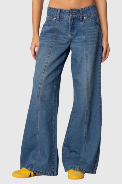 EDIKTED CHARLIE PANEL STITCH LOW RISE JEANS IN BLUE/WASHED, WOMEN'S AT URBAN OUTFITTERS 