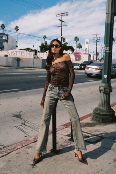 Edikted Boot Cut Low Rise Mud Washed Jeans In Blue/vintage/washed, Women's At Urban Outfitters