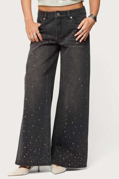 Edikted Rhinestone Low Rise Washed Jeans