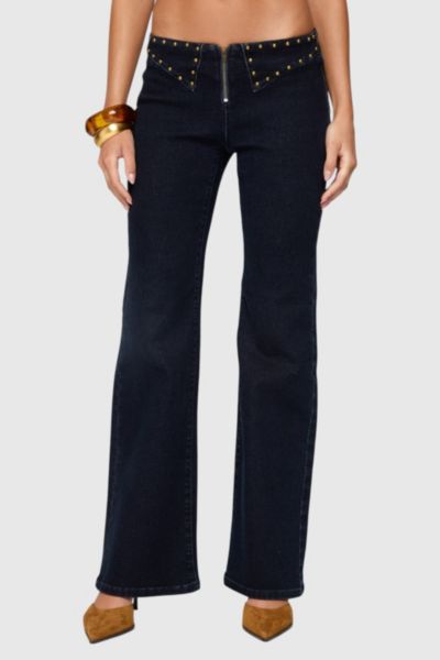 EDIKTED CARYS STUDDED LOW RISE FLARED JEANS IN DARK/BLUE, WOMEN'S AT URBAN OUTFITTERS 