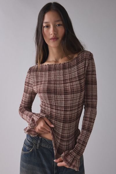 Kimchi Blue Susie Smocked Ruffle Boatneck Long Sleeve Top Product Page