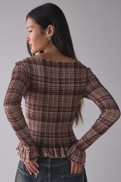 Kimchi Blue Susie Smocked Ruffle Boatneck Long Sleeve Top