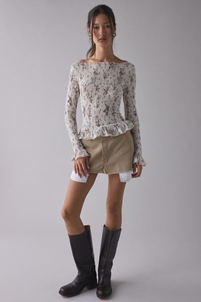 Kimchi Blue Susie Smocked Ruffle Boatneck Long Sleeve Top