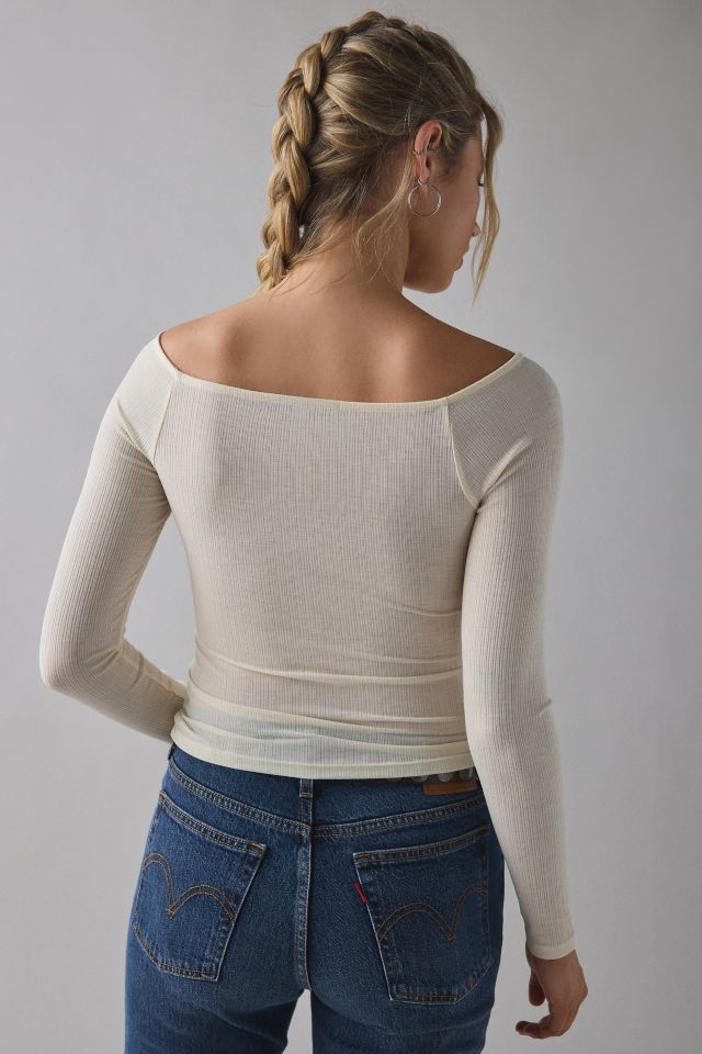 UO Izzy Semi-Sheer Ruched Front Long Sleeve Boatneck Top #1