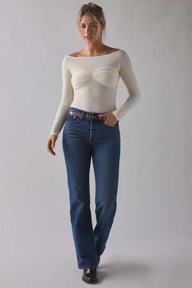 UO Izzy Semi-Sheer Ruched Front Long Sleeve Boatneck Top #2