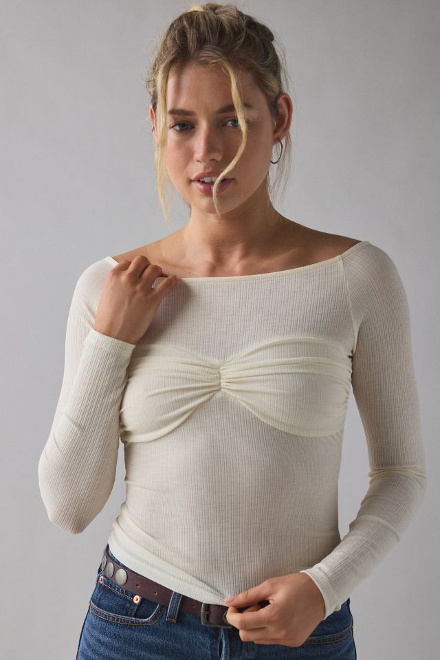UO Izzy Semi-Sheer Ruched Front Long Sleeve Boatneck Top #3