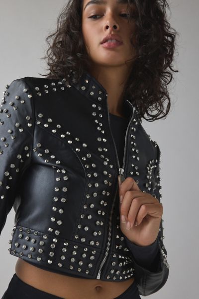 Azalea Wang Silva Crystal Studded Faux Leather Moto Jacket