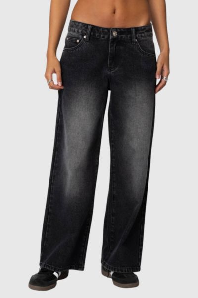 EDIKTED PETITE MAGDA LOW RISE ACID WASH JEANS IN BLACK/WASHED, WOMEN'S AT URBAN OUTFITTERS 
