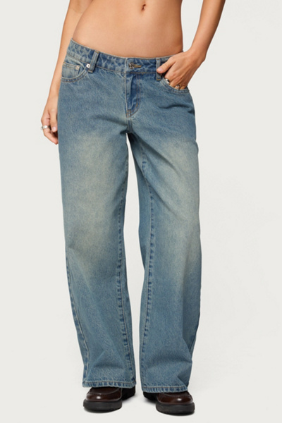 Edikted Petite Magda Low Rise Acid Wash Jeans In Blue/vintage/washed, Women's At Urban Outfitters