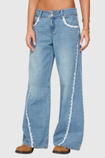 EDIKTED ALISHA LACEY LOW RISE JEANS IN BLUE/WASHED, WOMEN'S AT URBAN OUTFITTERS 