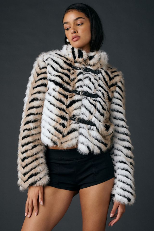 Azalea Wang Argyll Animal Print Faux Fur Coat | Urban Outfitters
