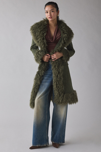 Azalea Wang Gilda Faur Fur Trim Faux Suede Jacket in Green, Women's at Urban Outfitters