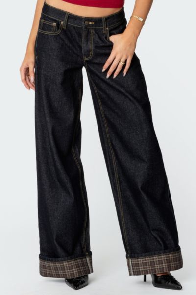 EDIKTED PLAID CUFFED LOW RISE JEANS IN BLUE, WOMEN'S AT URBAN OUTFITTERS 