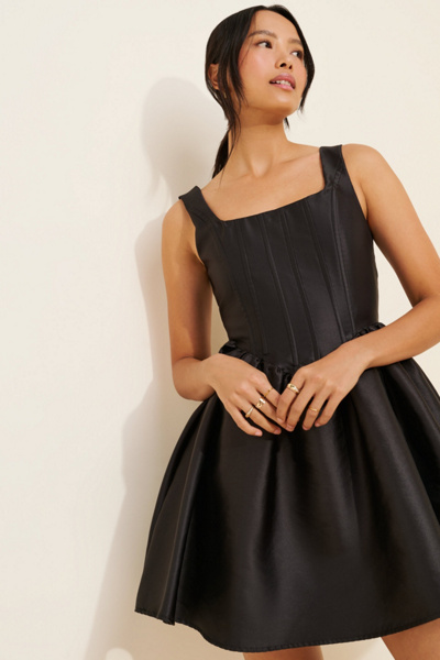 black corset satin slip mini dress Camilla Black Satin Corset A-Line Mini Dress