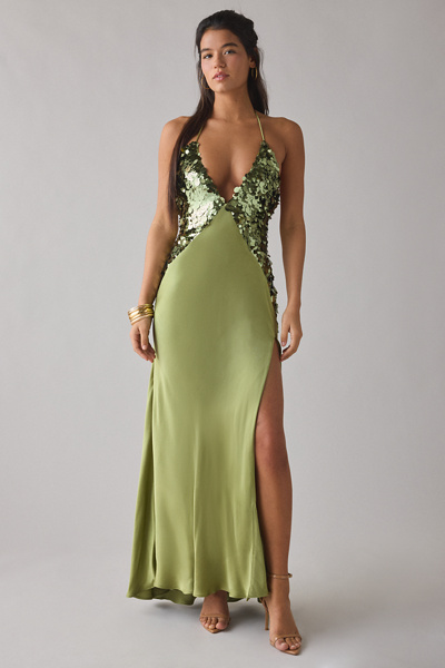 Bardot Yve Plunging Halter Sequin + Satin Slip Maxi Dress | Urban Outfitters