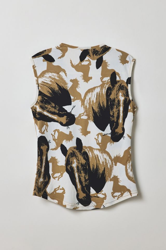 Vintage By Velzy Sharagano Horse Print Notch V-Neck Sleeveless Top #1