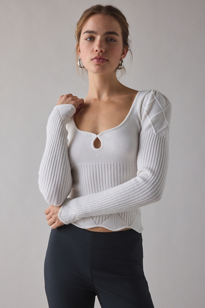 Kimchi Blue Joanie Square Neck Puff Sleeve Cropped Sweater In White, Women's At Urban Outfitters In White
