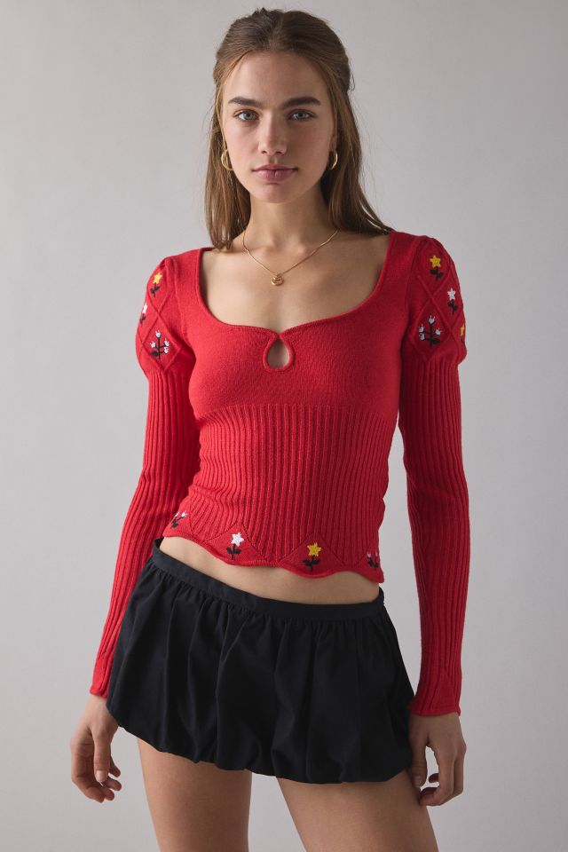 Kimchi Blue Joanie Embroidered Square Neck Puff Sleeve Cropped Sweater #1