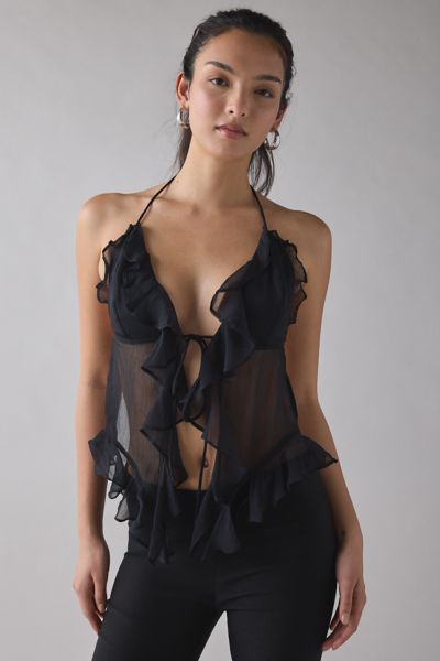 UO Aria Sheer Chiffon Open-Back Cascading Ruffle Halter Top