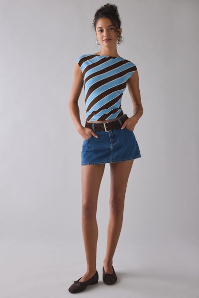 Motel Nova Retro Blue Stripe Jersey Knit Boatneck Crop Top
