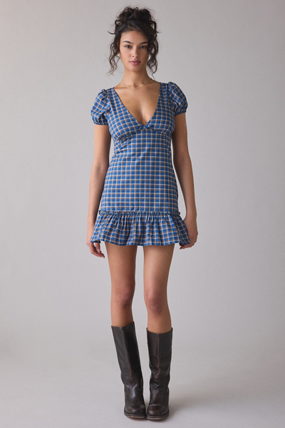 Motel Marika Gingham Puff Sleeve Mini Dress In Gingham, Women's At Urban Outfitters In Blue