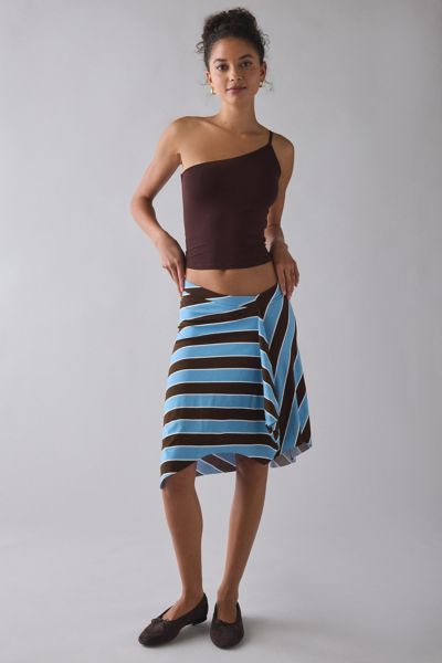 Motel Esmeray Retro Blue Stripe Asymmetric Ruffle Low-Rise Knee Length Skirt