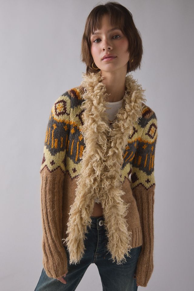 BDG Penny Patterned Knit Faux Fur Trim Cardigan #1
