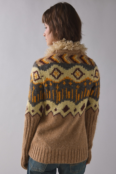 BDG Penny Patterned Knit Faux Fur Trim Cardigan